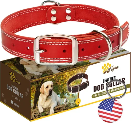 ADITYNA Collar de cuero resistente para perros extra grandes, collar de cuero rojo suave y fuerte para razas XL