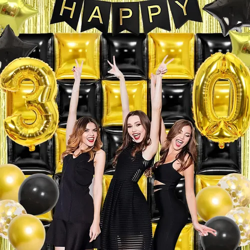 Miniatura 5 de MEMOVAN Globos cuadrados de papel de aluminio negro y dorado, telón de fondo de pared de doble cara, globos metálicos negros y dorados, guirnalda
