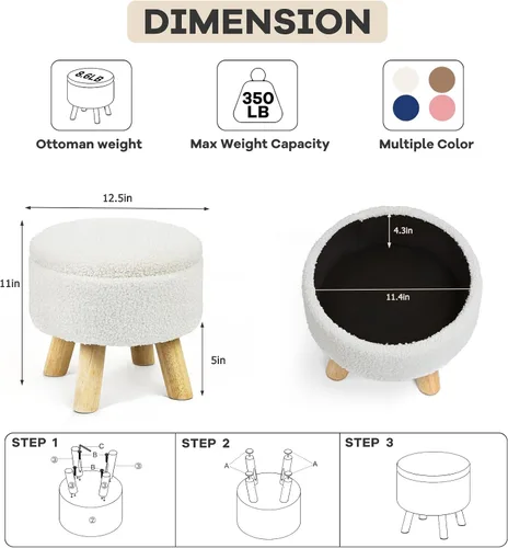 Miniatura 3 de OGEMXU Reposapiés otomano, otomana redonda pequeña con almacenamiento, taburete Boucle de terciopelo con patas de madera, otomana de almacenamiento