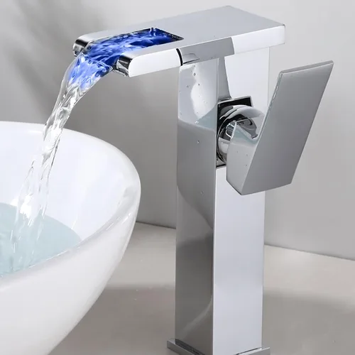 Miniatura 6 de Grifo de baño cromado con luz LED, 3 cambiantes de color, cascada de una sola manija, un agujero, grifo de fregadero a juego, desagüe desplegable
