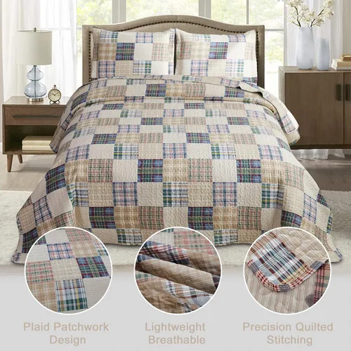 Miniatura 3 de Juego de edredón tamaño Queen, colcha a cuadros, cubrecama Queen, edredones Queen de retazos, ropa de cama para hombres colección a cuadros, colcha