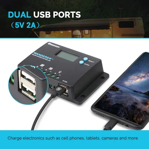 Miniatura 7 de Renogy controlador de carga solar de 10 amperes, 12 V/24 V PWM, conexión de polo negativo a tierra, diseño compacto con pantalla LCD