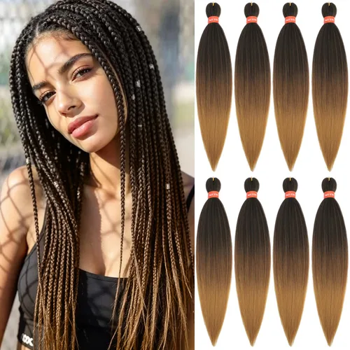 Miniatura 18 de Cabello trenzado preestirado ombré, extensiones de cabello trenzado sedoso, sin picazón, trenzas de cabello trenzado de ganchillo con textura Yaki