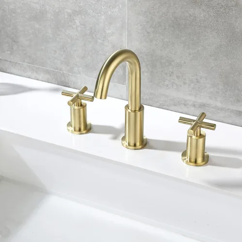 Miniatura 5 de ChiLDano CH2133BG - Grifo de baño de latón cepillado de 8 pulgadas, 2 manijas de latón con 3 agujeros para fregadero con válvula y montaje