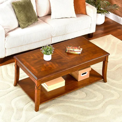 Miniatura 5 de Mesa de centro de madera maciza con estante de almacenamiento, mesa de centro rectangular moderna de mediados de siglo para sala de estar, mesa
