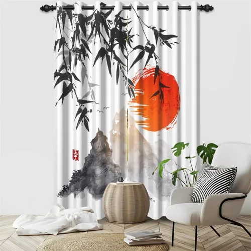 Miniatura 174 de Cortinas japonesas con pintura de tinta, monte Fuji, sol rojo, puesta de sol, hojas de bambú, cortinas de ventana para dormitorio, sala de estar