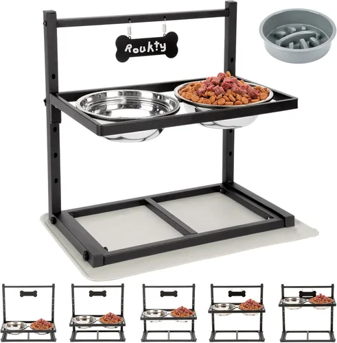 ADENGL Tazones elevados para perros con alimentador lento, 5 alturas ajustables, antideslizante, marco de metal duradero, tapete a prueba de Negro -