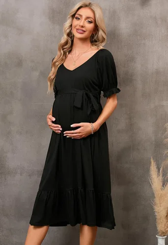 Miniatura 2 de Vestido de maternidad midi cuello en V cuello en V manga corta ropa para mujer embarazada