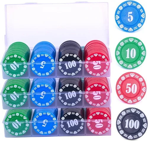 Miniatura 7 de Juego de 100 fichas de póquer de plástico con caja de almacenamiento, denominación impresa estilo casino chip para Texas Home Game Holdem Poker