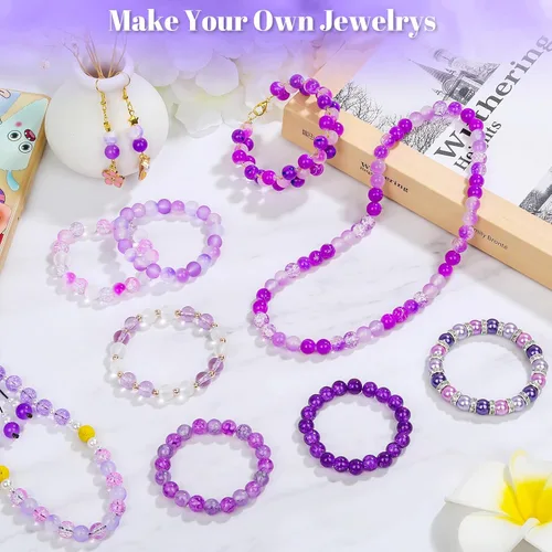 Miniatura 6 de PAXCOO 720 piezas Cuentas de vidrio para hacer joyas 8mm, kit de fabricación de pulseras con cuentas redondas sueltas de 24 colores en púrpura