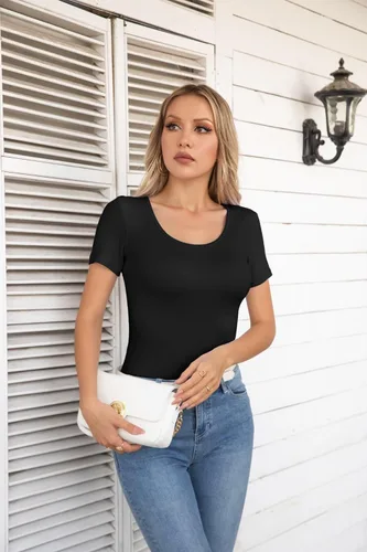 Miniatura 6 de VICHYIE Camisas de verano para mujer, cuello redondo, manga corta, acanaladas, ajustadas, casuales, básicas
