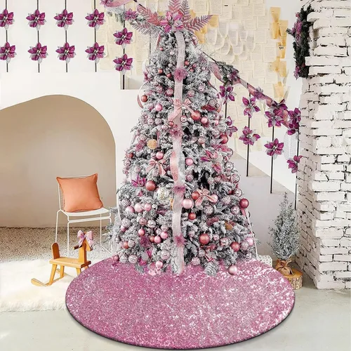 Miniatura 8 de Falda de Árbol de Navidad Rosa, Falda de Árbol de Lentejuelas Brillantes Rosa de 36 Pulgadas, Alfombrillas de Árbol de Navidad de Purpurina