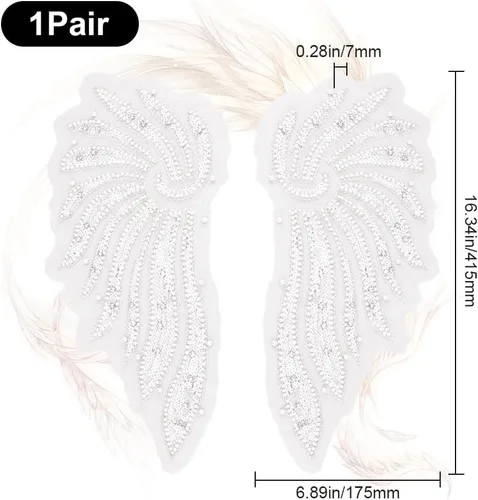 Miniatura 2 de 2 piezas de 2 estilos de alas de ángel apliques de perlas grandes 3D con cuentas de lentejuelas apliques de encaje de diamantes de imitación