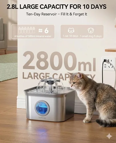 Miniatura 7 de Fuente de agua para gatos de acero inoxidable, 2.8 L con bomba ultra silenciosa de 20 dB, ideal para mascotas tímidas, ventana LED de nivel de agua