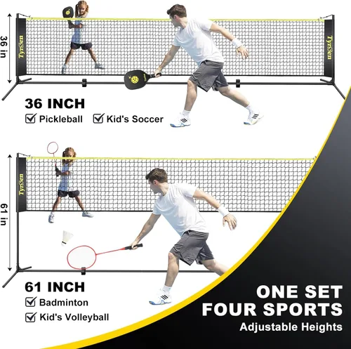Miniatura 4 de Juego de red portátil de bádminton de pickleball de 17 pies, altura ajustable, red todo en uno con 4 paletas de pickleball 4 raquetas de bádminton