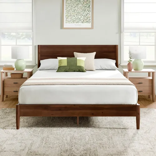 Zinus Allen Marco de cama de plataforma de madera de mediados de siglo, base de madera maciza, soporte de listones de madera, no necesita somier,