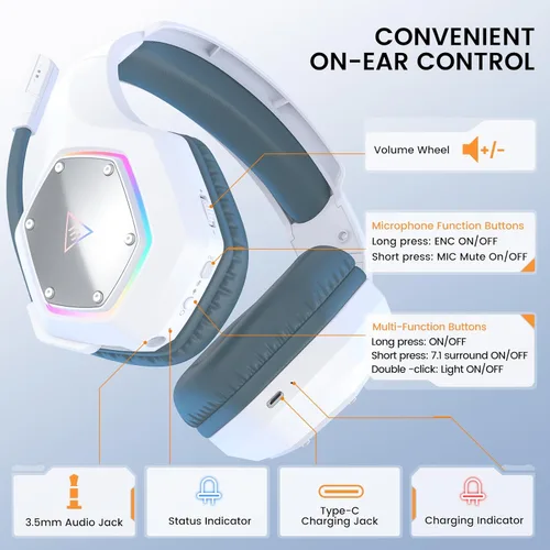 Miniatura 9 de EKSA E1000WT Wireless Gaming Headset,2.4GHz USB Gaming Headphones with Microphone for PC, PS5, PS4, Nintendo Switch, 7.1 Surround Sound Headset, RGB
