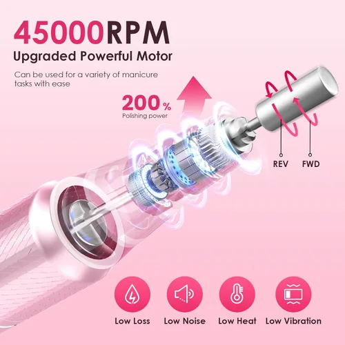 Miniatura 2 de Taladro de uñas eléctrico profesional de 45000 RPM (portátil y recargable) (con 11 brocas), máquina de lima de uñas inalámbrica para dar