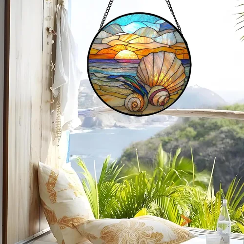 Miniatura 2 de Colgador de vidrieras para colgar, atardecer montañas, lago, árbol, atrapasoles para ventana, decoración del hogar, paisaje, día de la madre