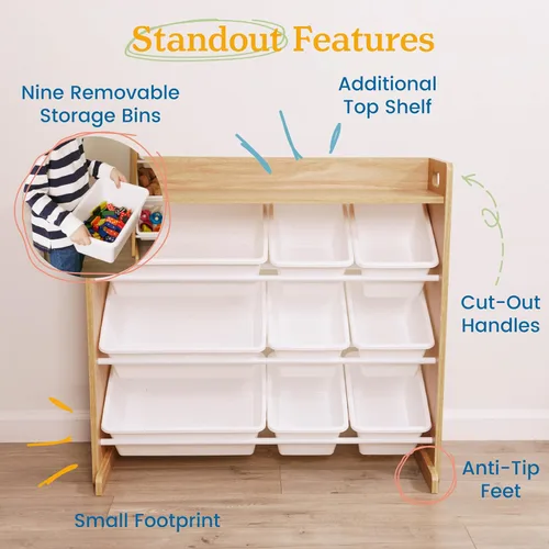 Miniatura 6 de ECR4Kids Organizador de 3 niveles con estante y 9 contenedores, almacenamiento para juguetes, natural oscuro/blanco