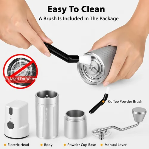 Miniatura 5 de Molinillo de café eléctrico y manual 2 en 1 con rebabas de acero inoxidable de 1.575 in, molino de fresas totalmente metálico recargable por USB