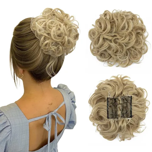 Miniatura 19 de Benehair Moño desordenado con peines con clip en moño de Juva, moño de Juva, esponjoso, ondulado, fácil de estirar, moño grande, cola de caballo