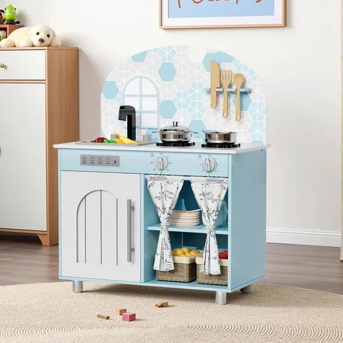 Arlopu Juego de cocina para niños, juego interactivo de chef con gabinete con cortina, estufa con perillas de clic, grifo y fregadero, accesorios de