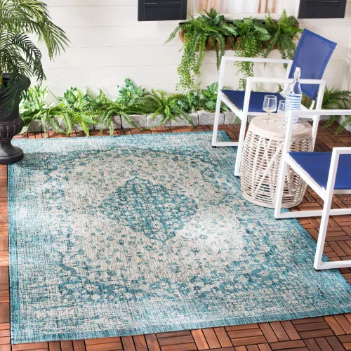 Miniatura 6 de SAFAVIEH Alfombra lavable para exteriores, colección Courtyard de 2.3 x 6.7 pies, color verde azulado y crema, no desprende pelusa y es fácil