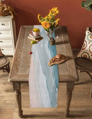 Miniatura 5 de Camino de mesa de playa de verano de 70 pulgadas de largo, bufandas de vestir estilo granja, náutico oceánico, costero, auqa, beige, mesa de comedor