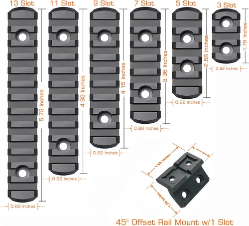 Miniatura 4 de Picatinny Rail de 3,5,7,9,11,13 ranuras para Mlok, sección de rieles de polímero más montaje desplazado con tuercas en T, tornillos y llave Allen