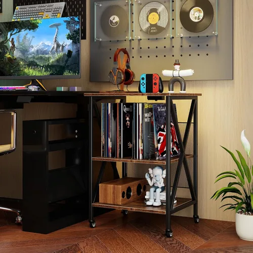 Miniatura 9 de Giantex Soporte para tocadiscos con estación de carga, soporte para tocadiscos con almacenamiento de discos y 4 ruedas rodantes, mesa