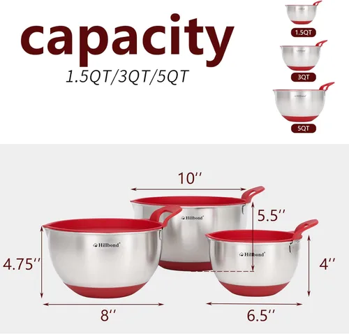 Miniatura 5 de Hillbond Tazones para mezclar con tapas herméticas sin BPA, tazones anidables con pico vertedor, mango de silicona y fondos antideslizantes para Rojo