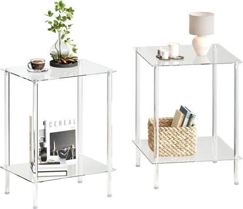 Miniatura 12 de Mesa auxiliar de vidrio templado, mesa de centro acrílica, mesita de noche transparente de 2 niveles, mesa de café transparente, para espacios