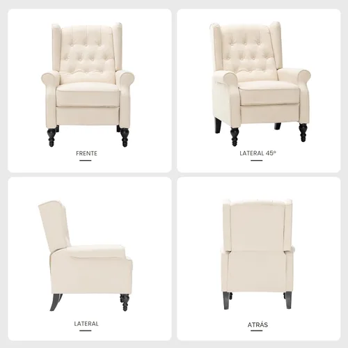 Miniatura 7 de Silla reclinable de ala de mediados de siglo para adultos, sillas reclinables modernas de tela de lino con respaldo acolchado con botones y Beige