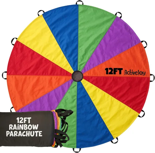 Activejoy - Paracaídas para niños - 8 pies/12 pies/20 pies / 24 pies - Juguete de paracaídas arcoíris con asas - Ideal para clases de gimnasio, día