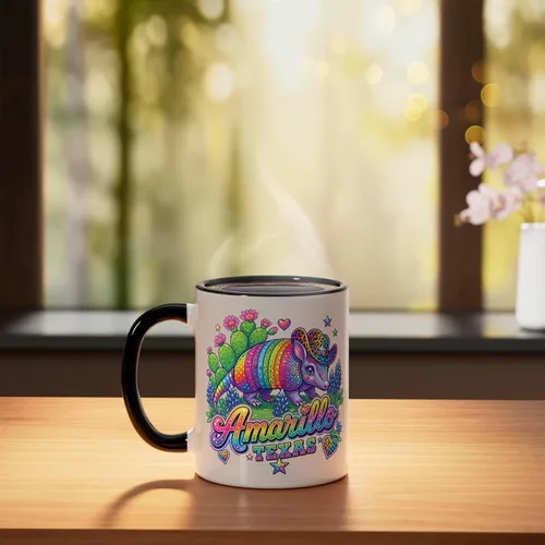 Miniatura 3 de Amarillo Texas Rainbow Armadillo Cowboy 80s Retro Souvenir Ceramic Mug, Black/White