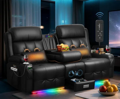 Miniatura 22 de Sofá reclinable biplaza, asiento de cine en casa de 4 plazas, sofá reclinable con USB, consola central, sillón reclinable de pared para caravana