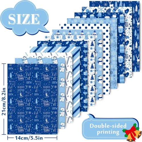 Miniatura 2 de Whaline 60 hojas de papel con patrón de invierno A5, tamaño 12 diseños de doble cara de copo de nieve de invierno, muñeco de nieve, oso, papel