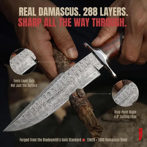 Miniatura 5 de BIGCAT ROAR Raptor - Cuchillo de caza hecho a mano de acero de Damasco con hoja fija de 13.2 pulgadas, mango de madera de nogal y funda de cuero