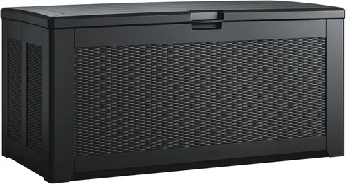 Caja de almacenamiento para exteriores de resina extra grande Rubbermaid (134 galones), resistente a la intemperie, color negro, organización de