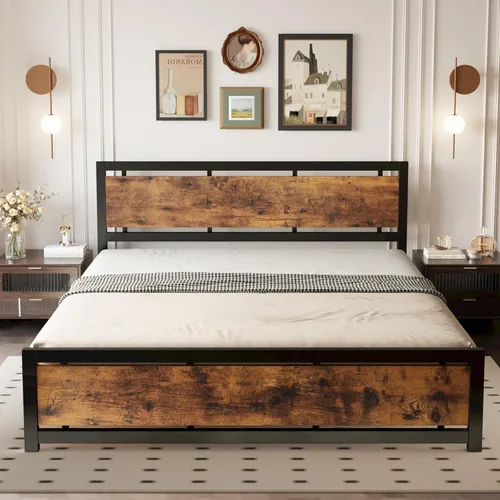 Miniatura 9 de Base de cama king LIKIMIO con cabecera y pie de cama, soportes metálicos resistentes, fácil montaje, libre de ruidos, no necesita somier