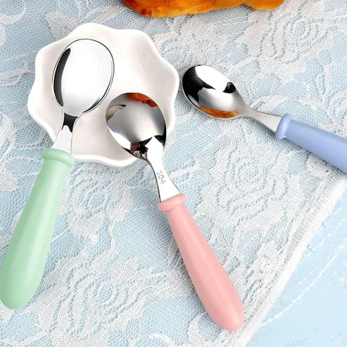 Miniatura 6 de Pimoys Cucharas para niños pequeños, 6 cucharas de bebé para autoalimentarse, cucharas de acero inoxidable para niños con mango redondo, utensilios