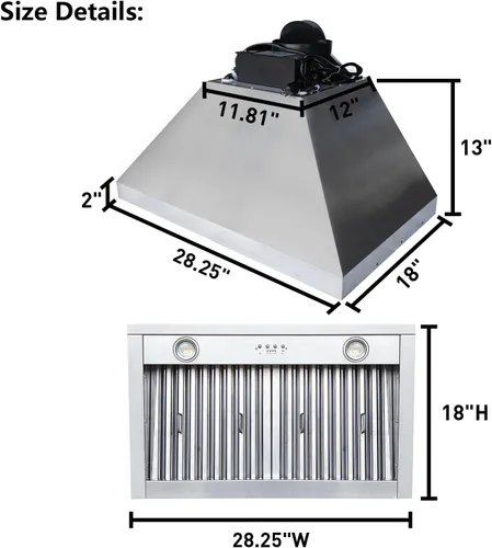 Miniatura 5 de SINDA Campana extractora integrada de 30 pulgadas, 4 velocidades 610 CFM, campana extractora de acero inoxidable debajo del gabinete, campana
