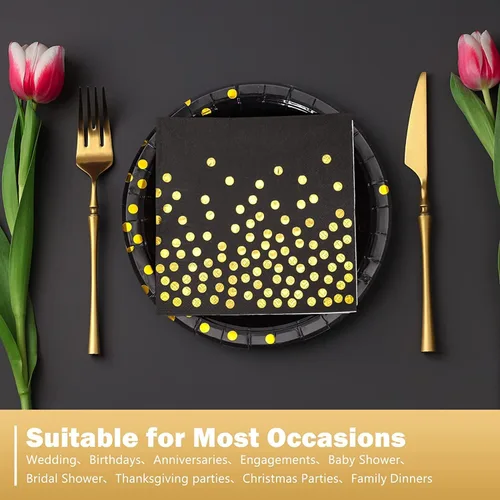 Miniatura 3 de Platos de papel negro y dorado, paquete de 50 unidades, 25 platos de papel de 7 pulgadas y 25 servilletas de 6.5 pulgadas, platos negros y Negro
