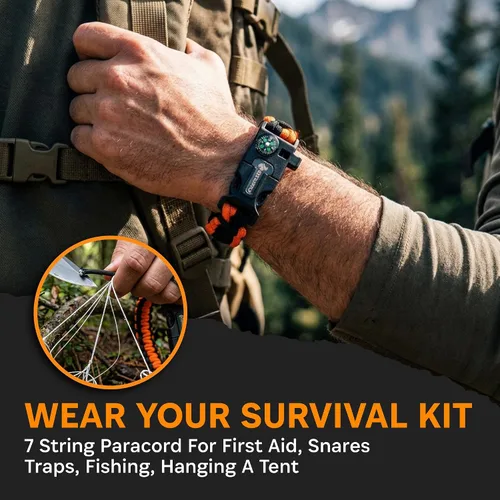 Miniatura 5 de Paracord Pulsera con Brújula Senderismo Supervivencia Emergencia Silbato Encendedor Kit Equipo de Camping Esenciales de Senderismo Pesca Caza