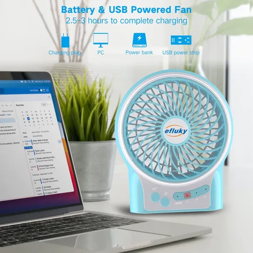 Miniatura 2 de efluky Ventilador de escritorio mini de 3 velocidades, recargable, funciona con batería y con luz LED Azul