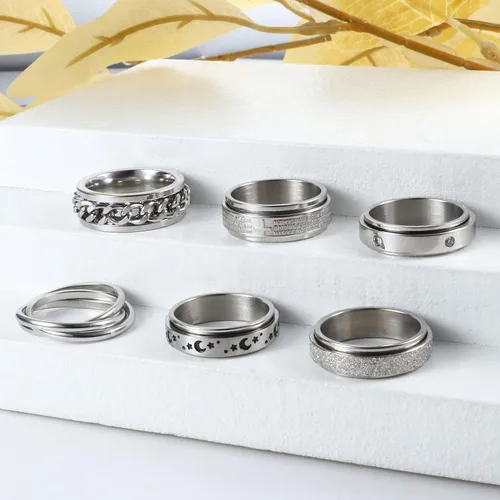 Miniatura 2 de Sanfenly 6 anillos giratorios de acero inoxidable para mujeres y hombres anillos antiansiedad anillo de luna estrella arena acabado explosivo alivio