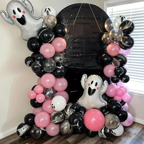 Miniatura 6 de Kit de guirnalda de arco de globos de Halloween, globos negros y rosados, globos de murciélago de aluminio fantasma para la familia, fondo de fiesta