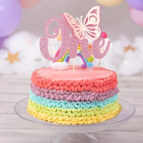 Miniatura 6 de Gyufise 1 decoración de pastel de mariposa, decoración de baby shower con purpurina rosa y selección de pastel de primer cumpleaños Rosa-1