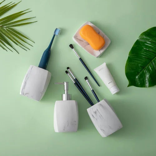 Miniatura 3 de Juego de accesorios de baño, organizador de baño de 4 piezas con vaso de cepillo de dientes, dispensador de jabón, jabonera, vaso, kits de resina